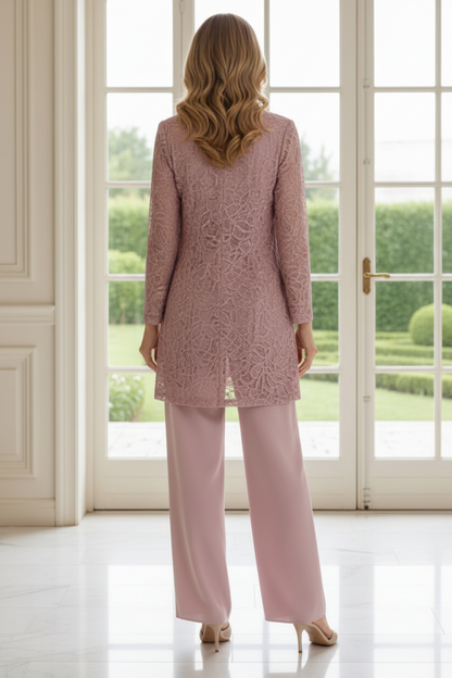 Dusty Rose 3-Piece Mother of the Bride Pantsuit with Lace Jacket