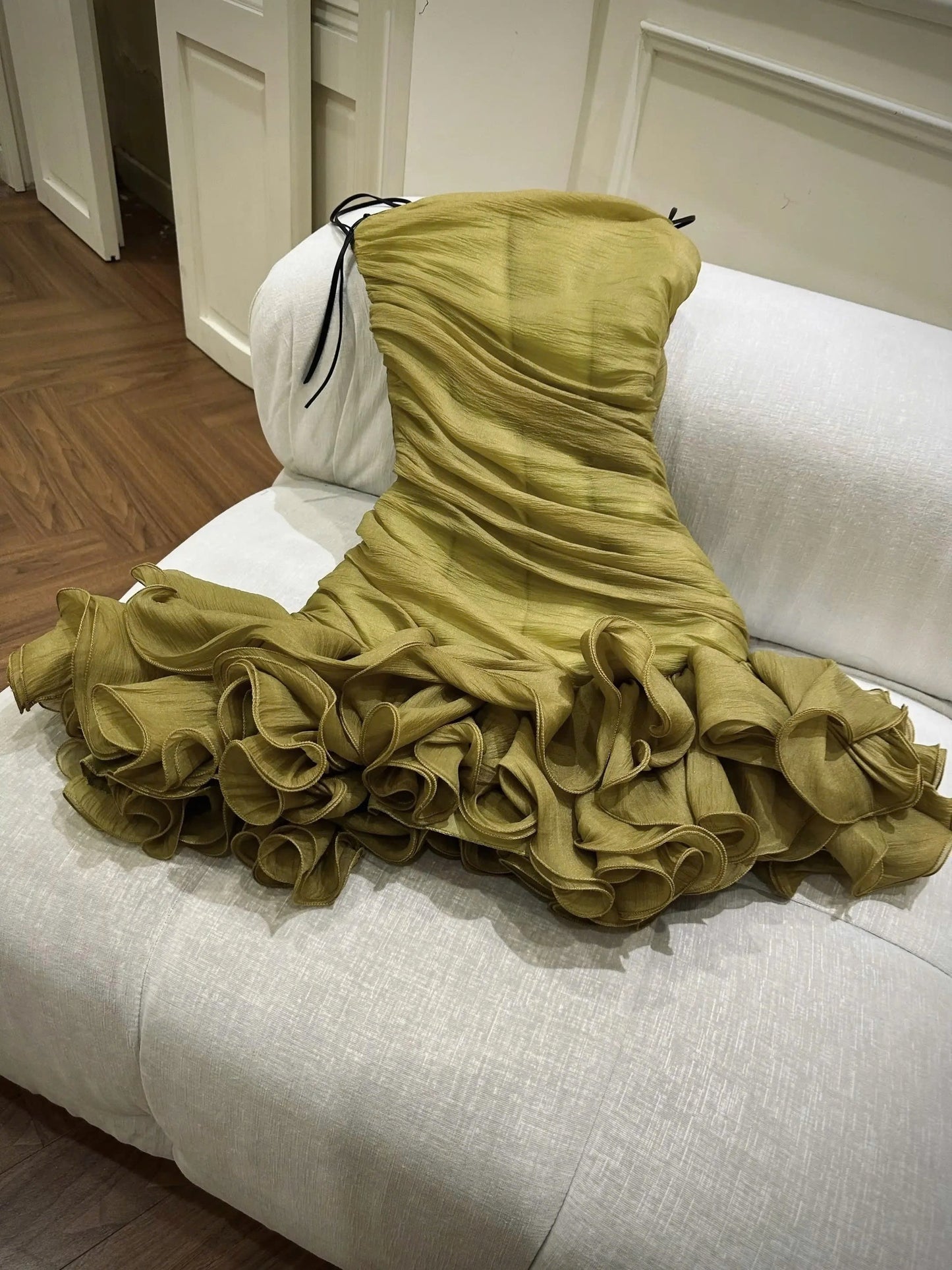 Ruched Spaghetti Strap Mini Dress with Ruffled Skirt