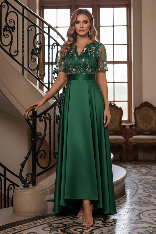 Floral Embroidered Bodice High-Low A-Line Gown
