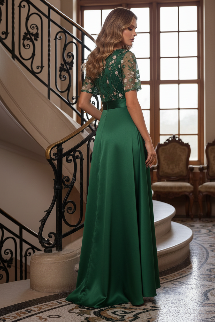 Floral Embroidered Bodice High-Low A-Line Gown