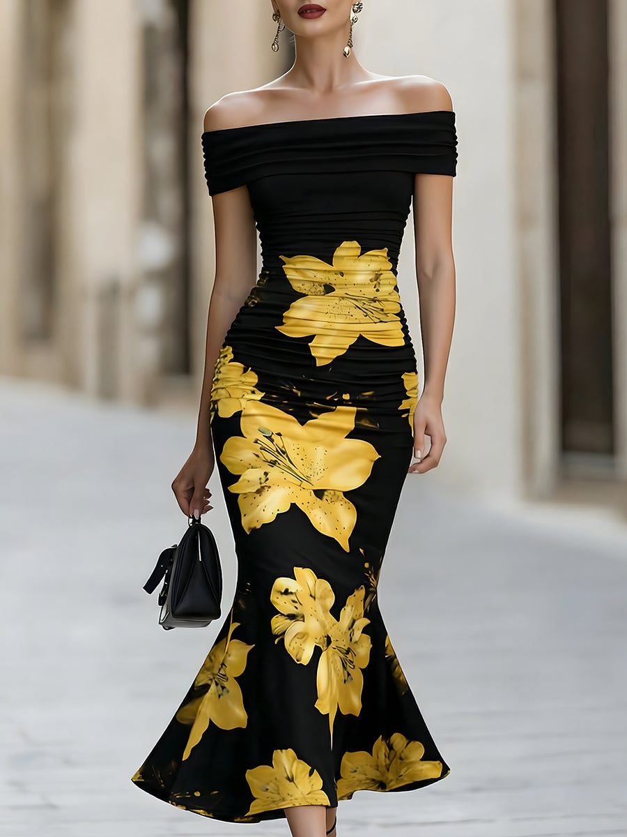 Off-the-Shoulder Floral Mermaid Midi Dress