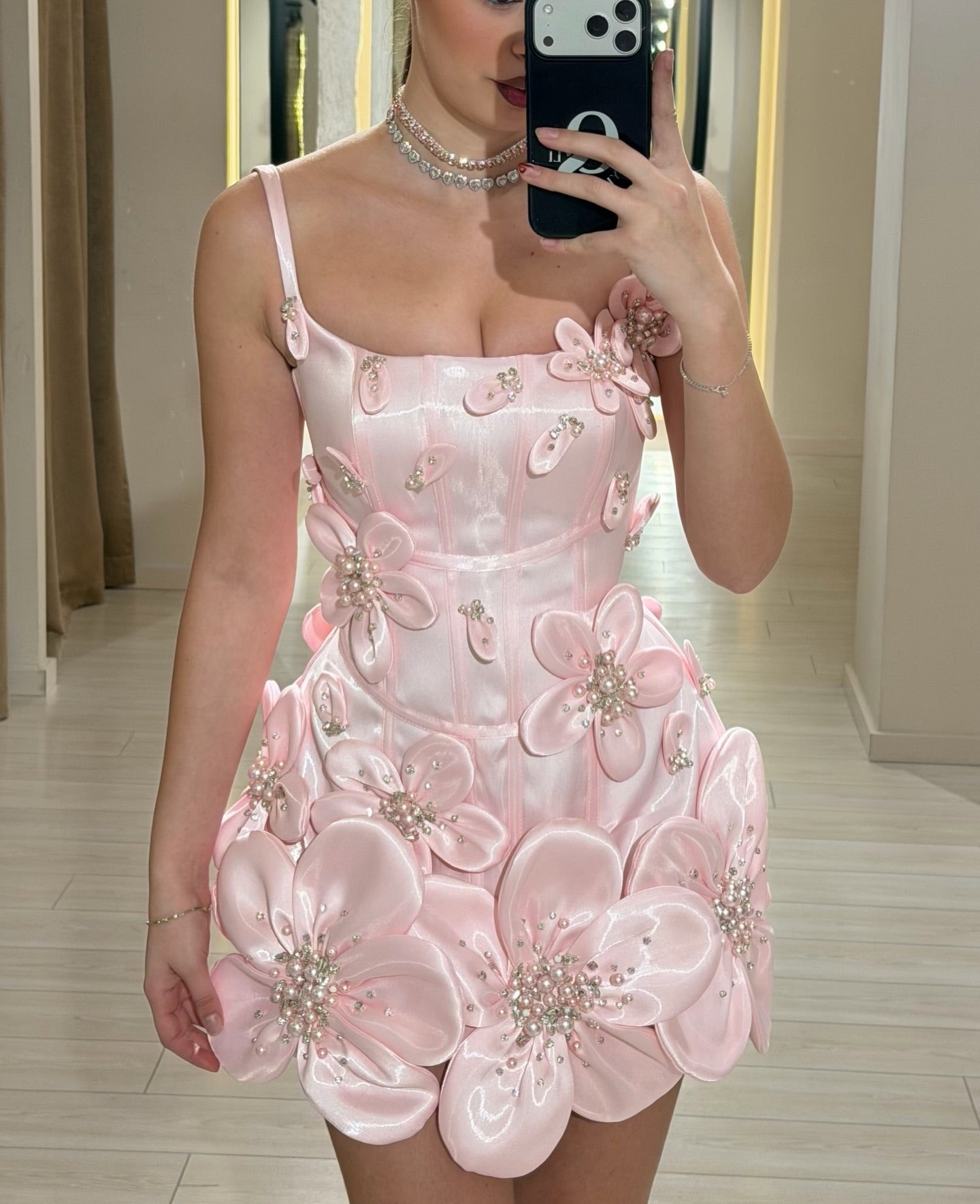 3D Floral Corset Mini Dress with Spaghetti Straps