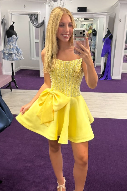 Strapless Beaded Corset Homecoming Dress with Bow