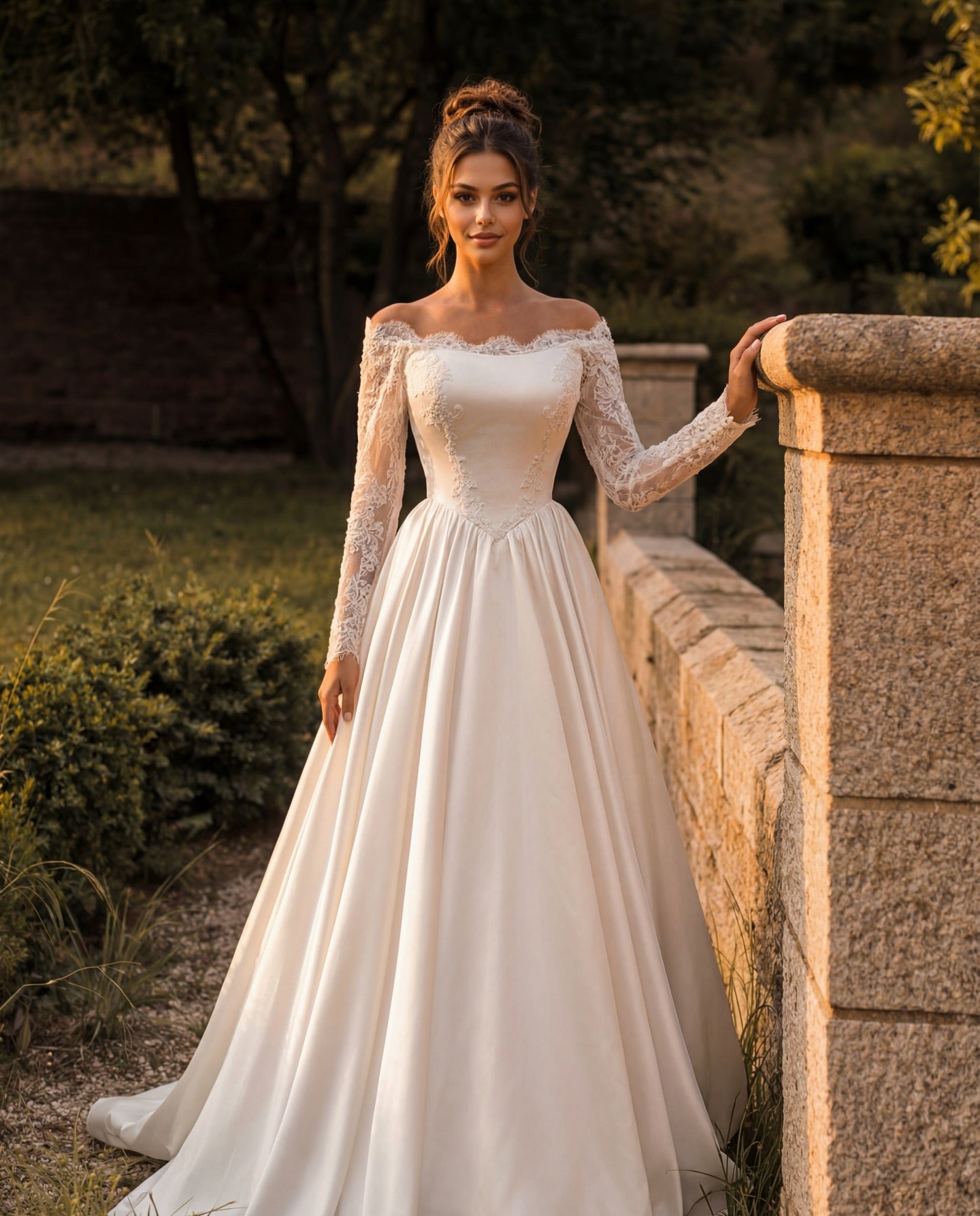 Off-Shoulder Lace Sleeve A-Line Wedding Dress