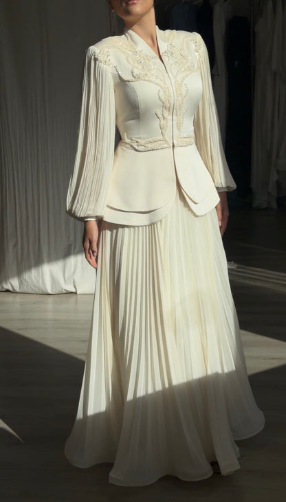 Embroidered Peplum Jacket and Pleated Maxi Dress