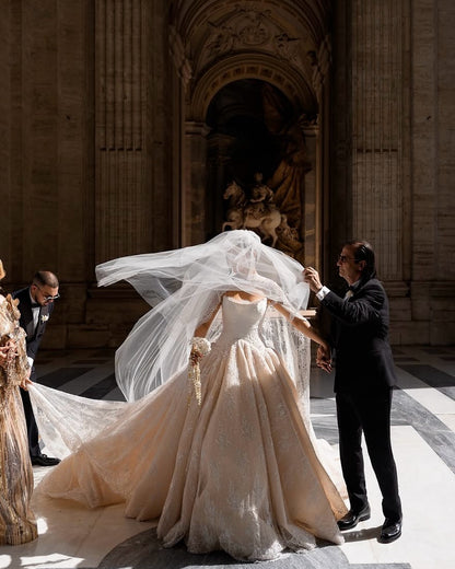 Embroidered Lace Ball Gown Wedding Dress with Cape