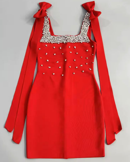Rhinestone Embellished Mini Dress with Bow Straps