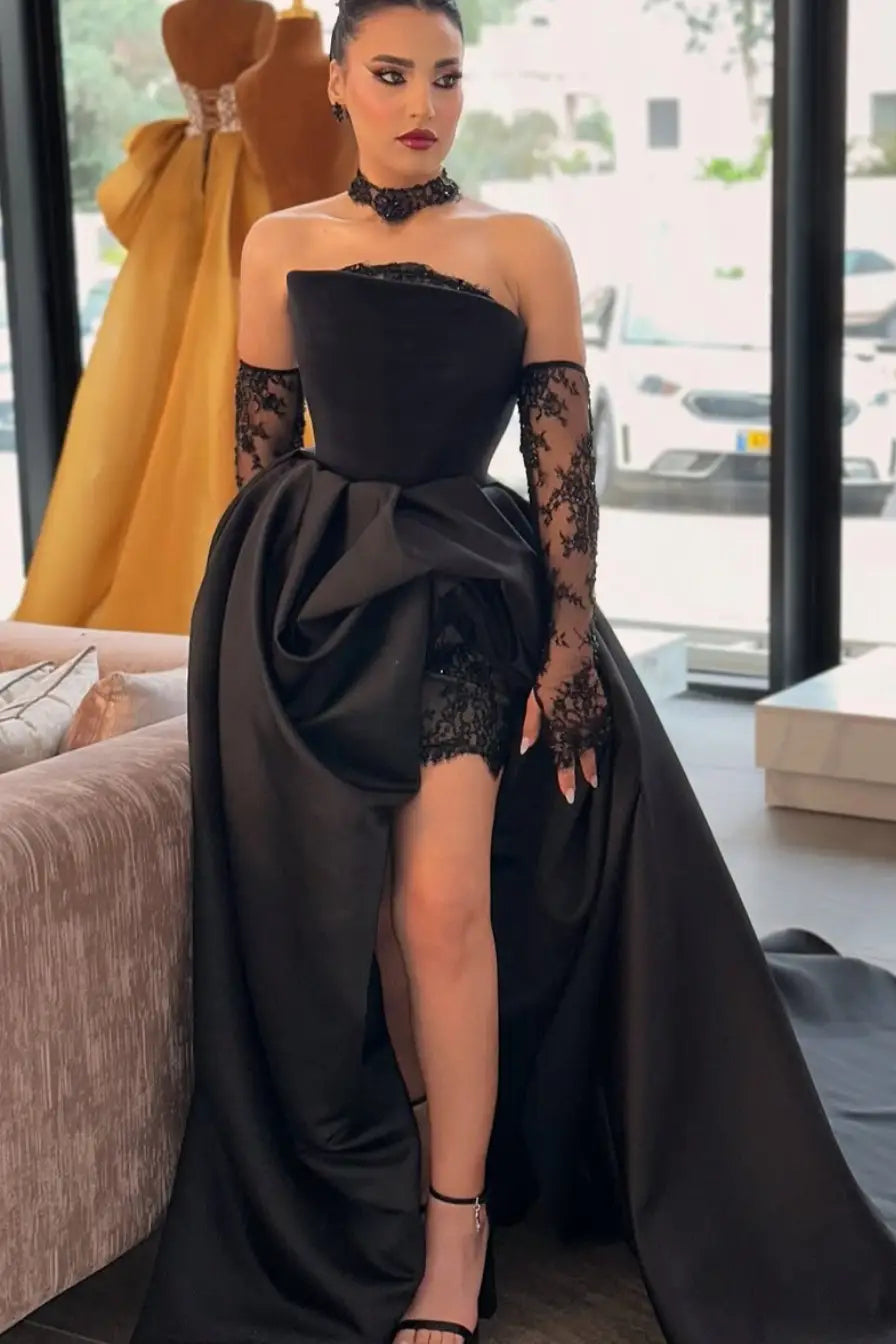 Strapless Satin High-Low Evening Dress with Lace Details