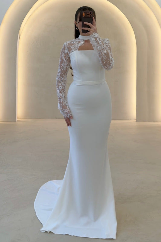 High Neck Lace Long Sleeve Mermaid Wedding Dress