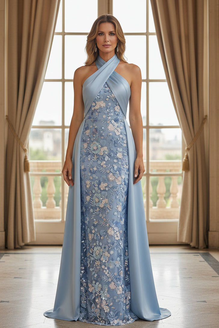 Floral Sequin Sheath Gown with Crisscross Halter Neck