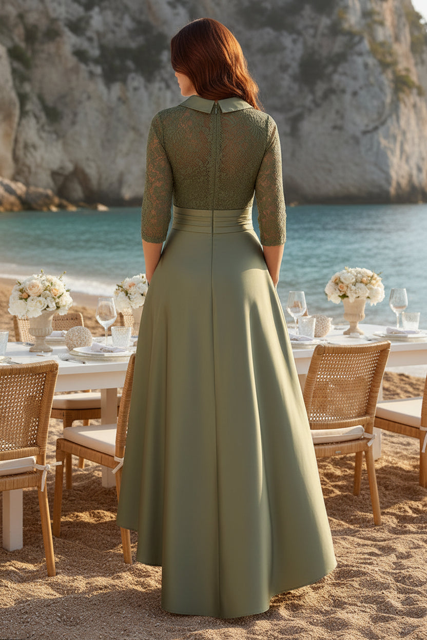 Lace Bodice High-Low Evening Dress with Pockets