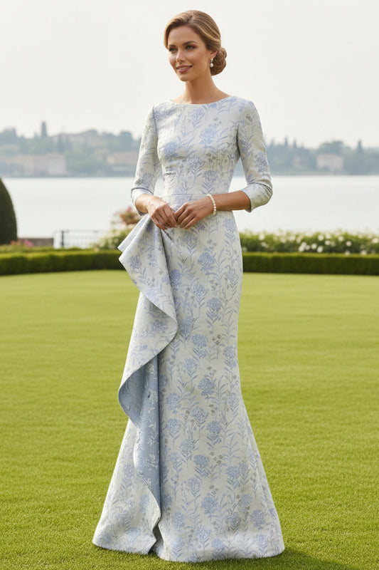Floral Brocade Mermaid Gown with Cascading Ruffle | Mother of the Bride Dress