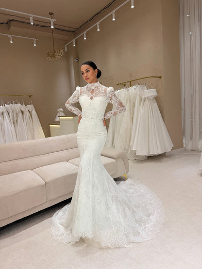 Lace High Neck Mermaid Wedding Dress with Overskirt