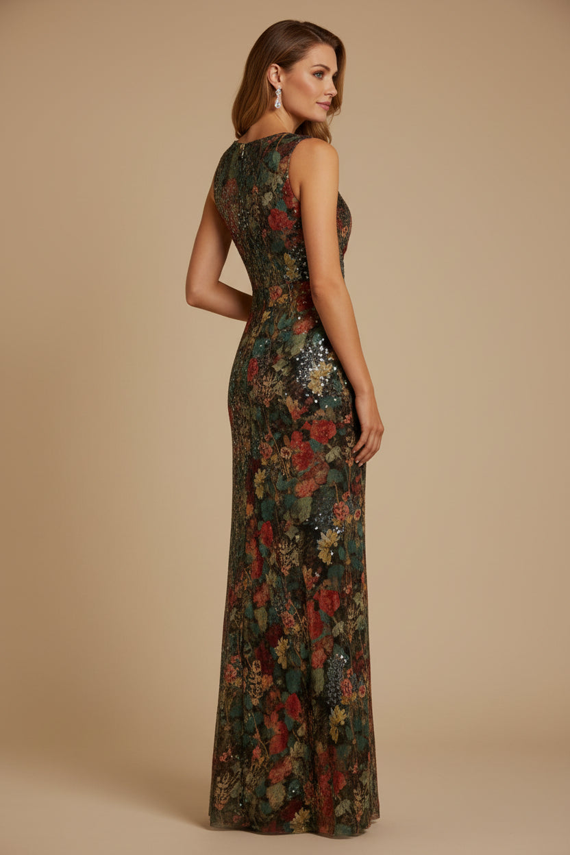 Floral Sequin Ruched Bateau Evening Gown