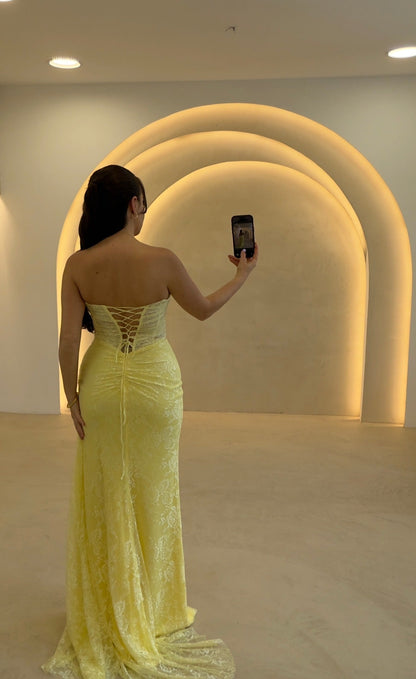 Strapless Lace Evening Gown with High Slit