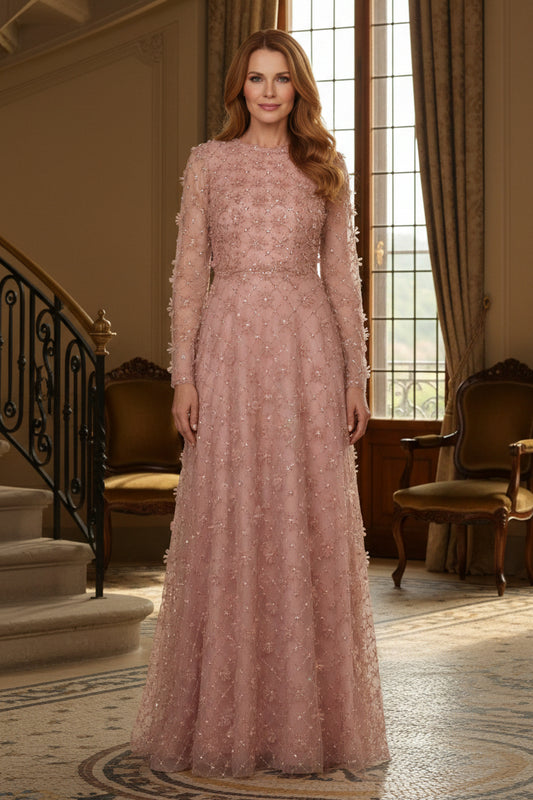 Floral Sequin Embellished Long Sleeve Evening Gown
