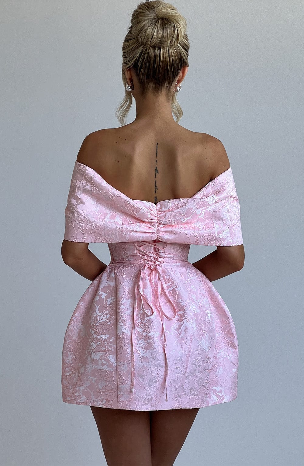 Off-the-Shoulder Bowknot Jacquard Mini Dress