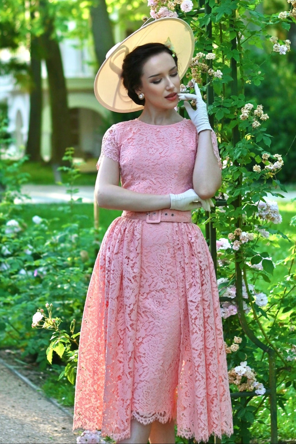 Belted Lace Midi Dress with Short Sleeves
