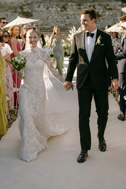 High Neck Lace Mermaid Long Sleeve Wedding Dress