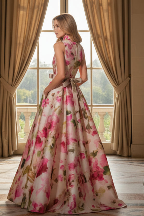 Floral Print Sleeveless Ball Gown with Sash and Pockets