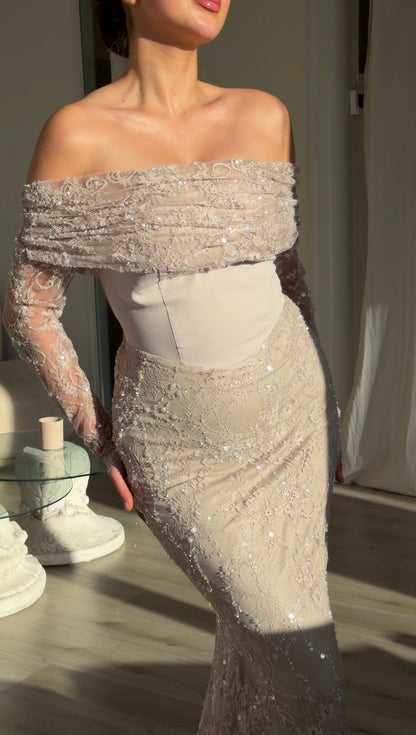 Off-the-Shoulder Sequin Lace Corset Gown