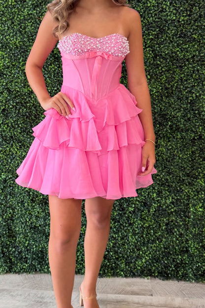 Strapless Beaded Corset Tiered Mini Dress