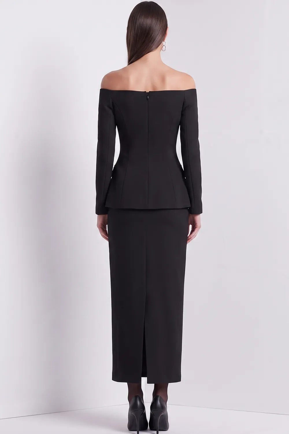 Off-the-Shoulder Button Peplum Jacket & Maxi Skirt Set