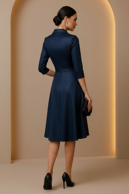 Wrap-Style Collared Knee-Length Dress