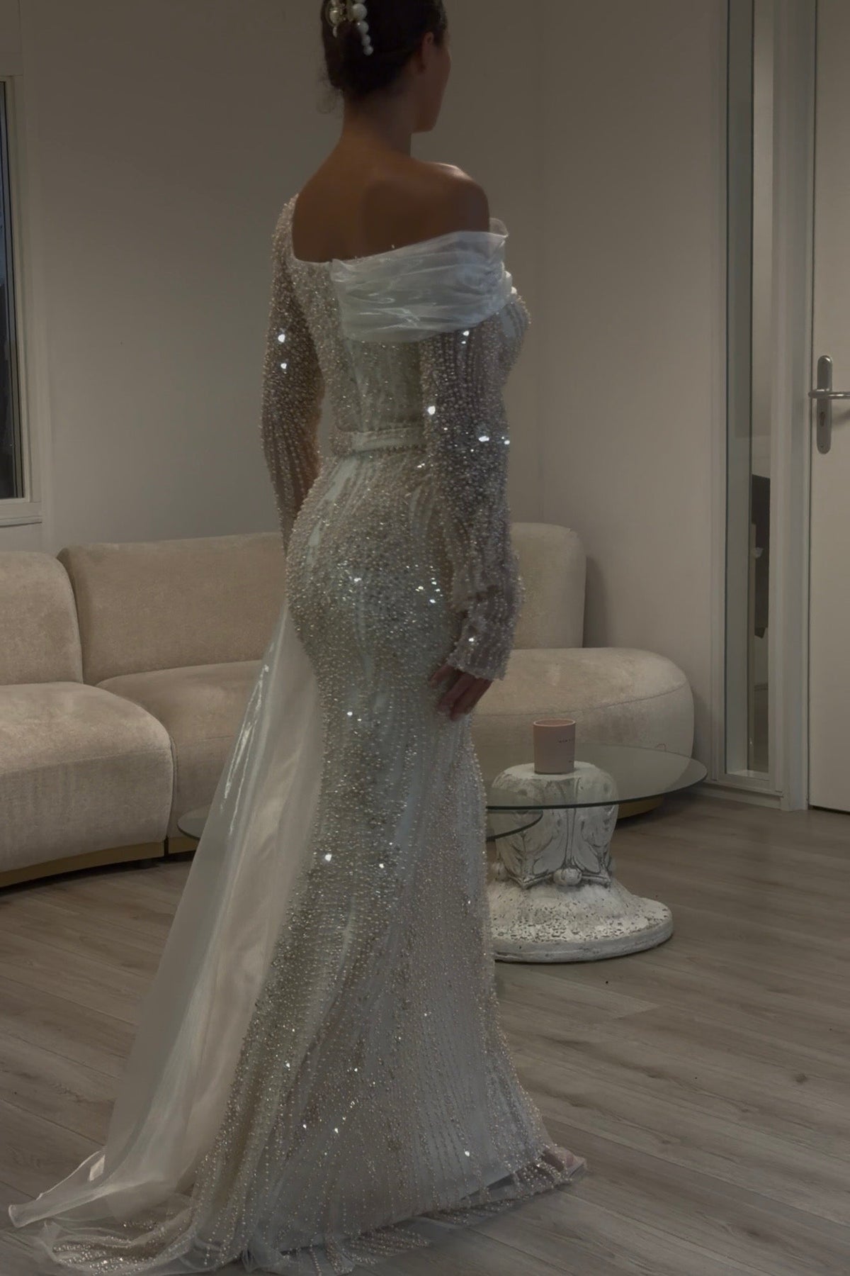 Beaded Asymmetrical Long Sleeve Evening Gown