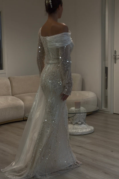 Beaded Asymmetrical Long Sleeve Evening Gown