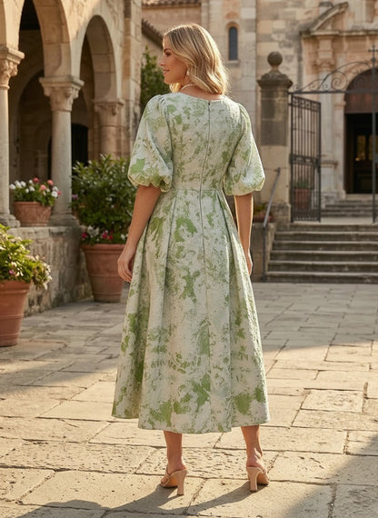Elegant Pleated A-Line Tea-Length Dress with Puff Sleeves