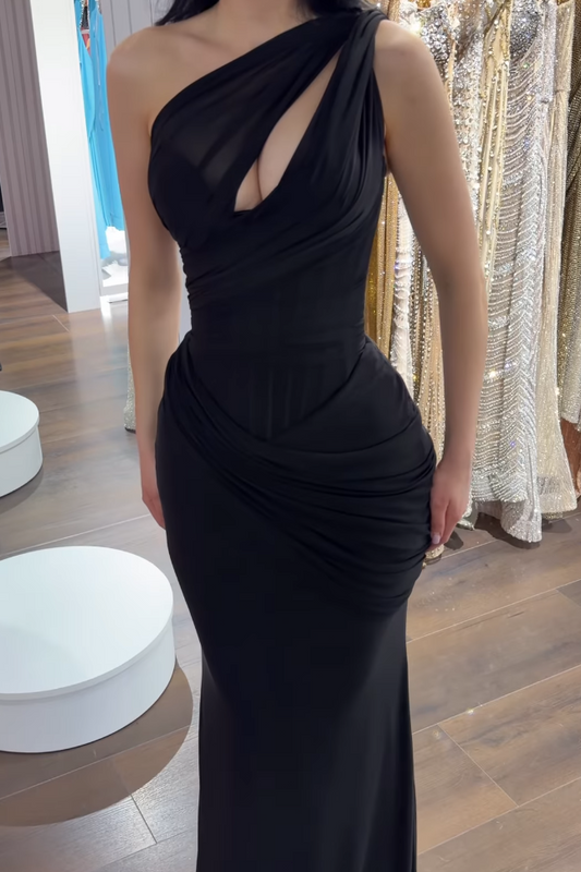 One-Shoulder Cutout Draped Evening Gown