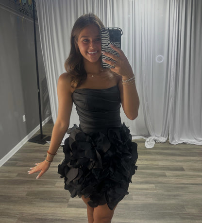 Strapless Ruched Satin Mini Dress with 3D Floral Skirt