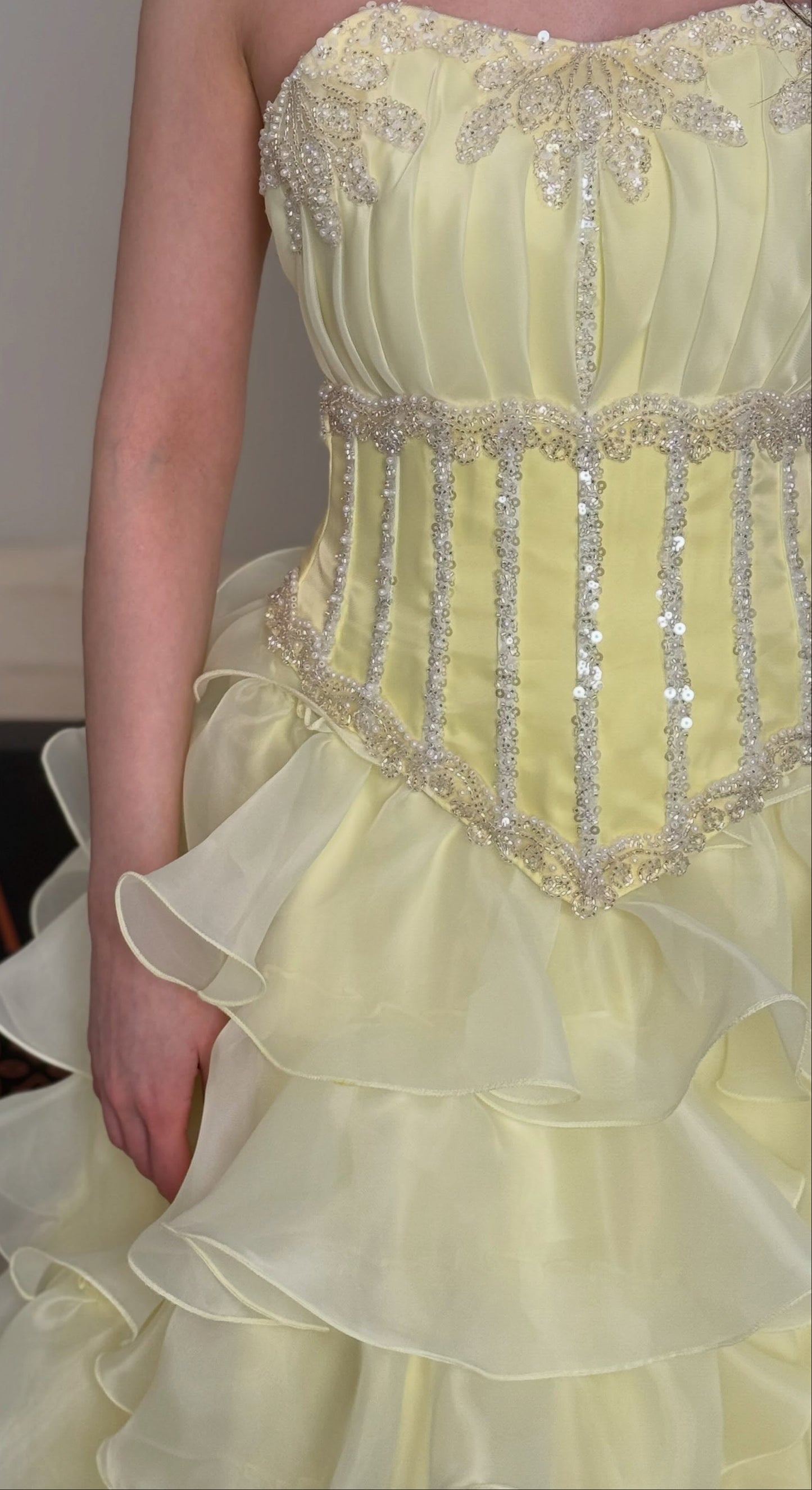 Strapless Tiered Ruffle Ball Gown with Beaded Bodice