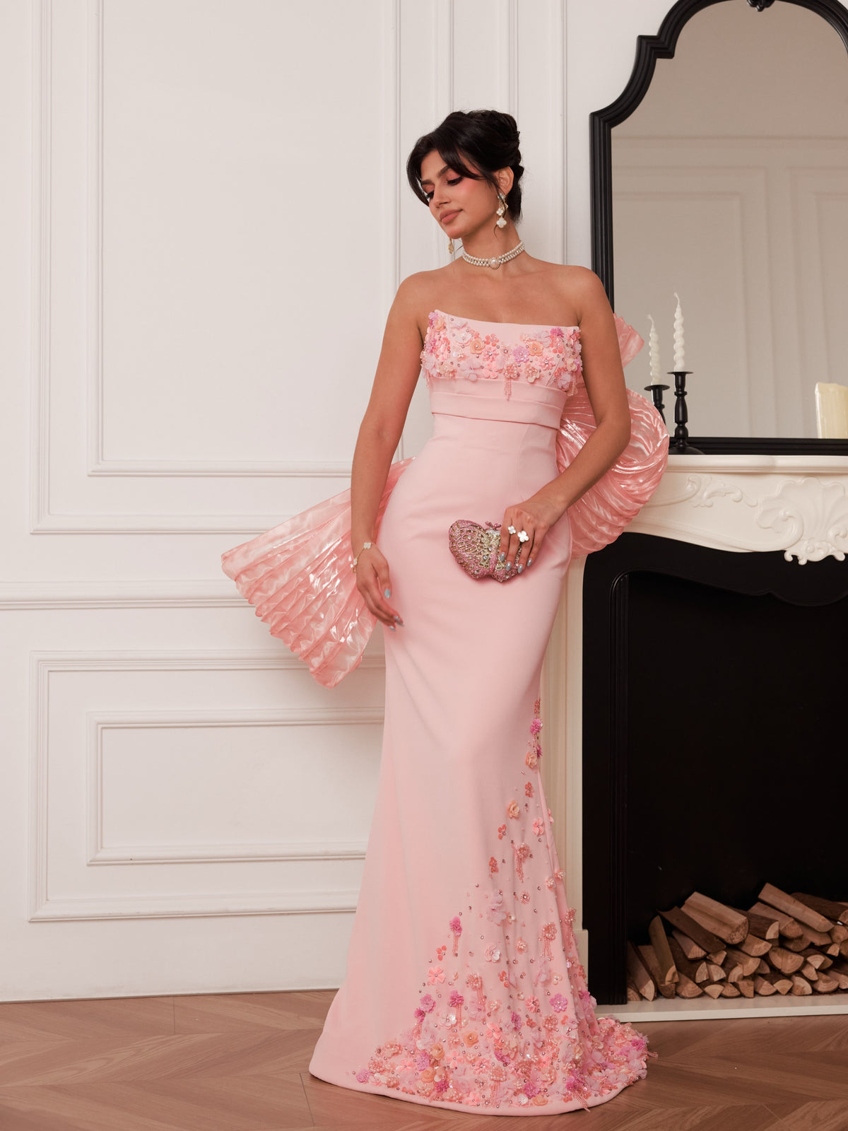 Strapless Floral Applique Gown with Statement Back