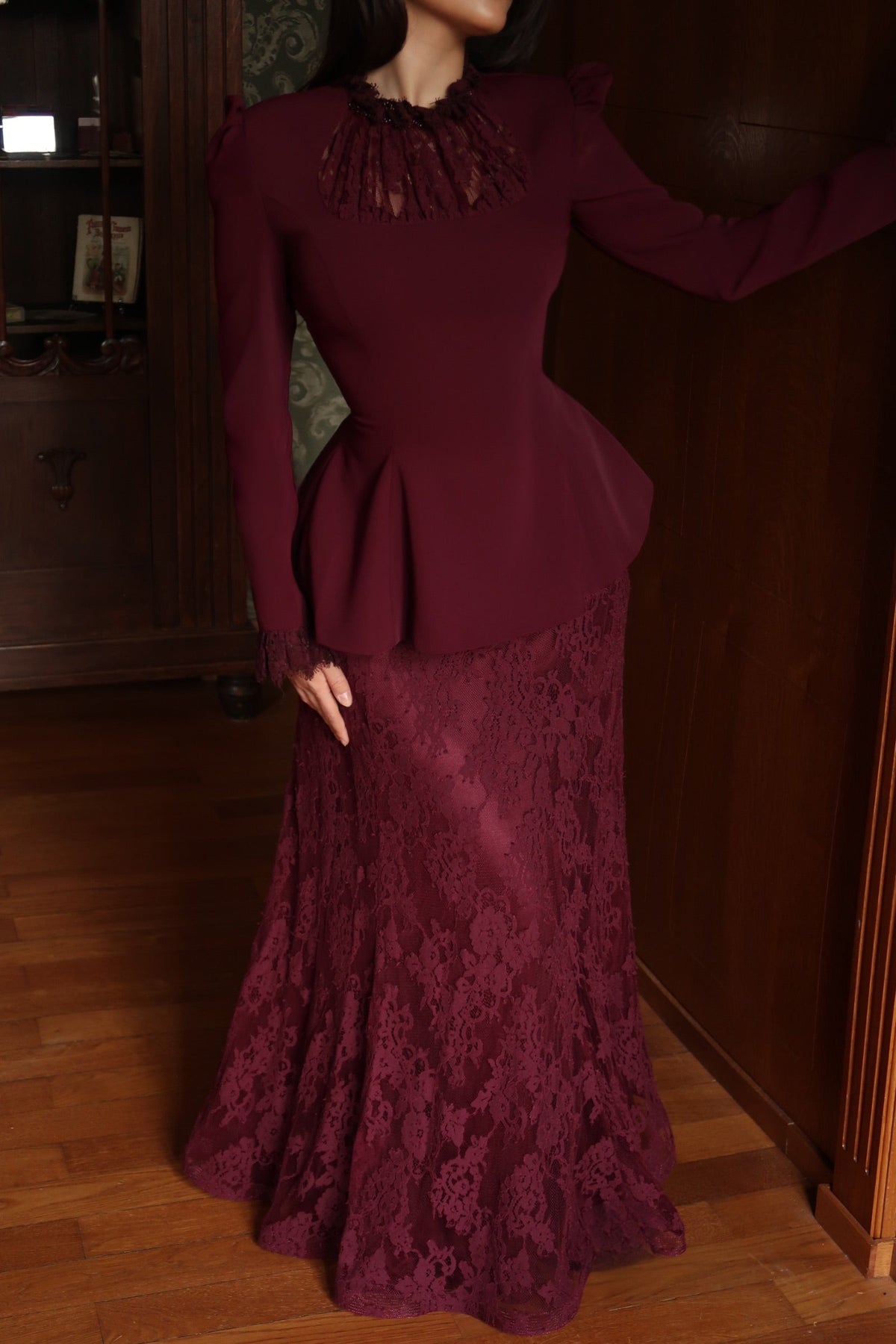 Peplum Long Sleeve Lace Maxi Dress