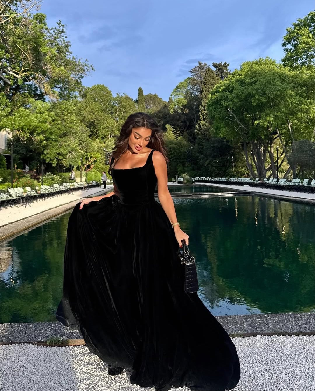 Square Neck Velvet Ball Gown Evening Dress