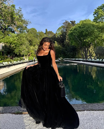 Square Neck Velvet Ball Gown Evening Dress