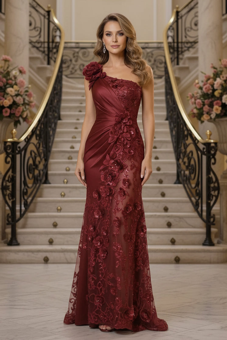 One-Shoulder 3D Floral Sequin Gown