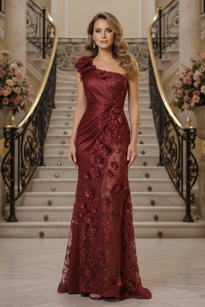 One-Shoulder 3D Floral Sequin Gown