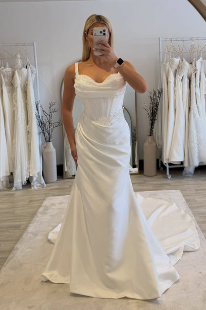 Pearl-Beaded Corset Wedding Dress with Cowl Neck