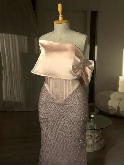 Strapless Corset Gown with Beaded Lattice Skirt