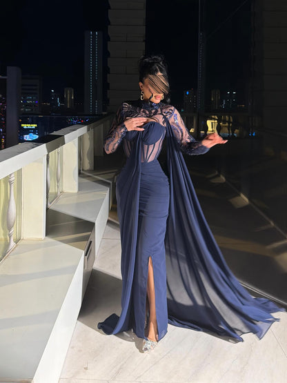 High-Neck Corset Evening Gown with Side Cape and Slit