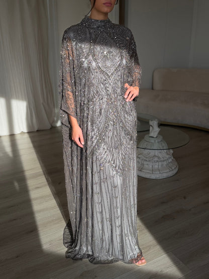 Beaded High Neck Cape Sleeve Evening Gown