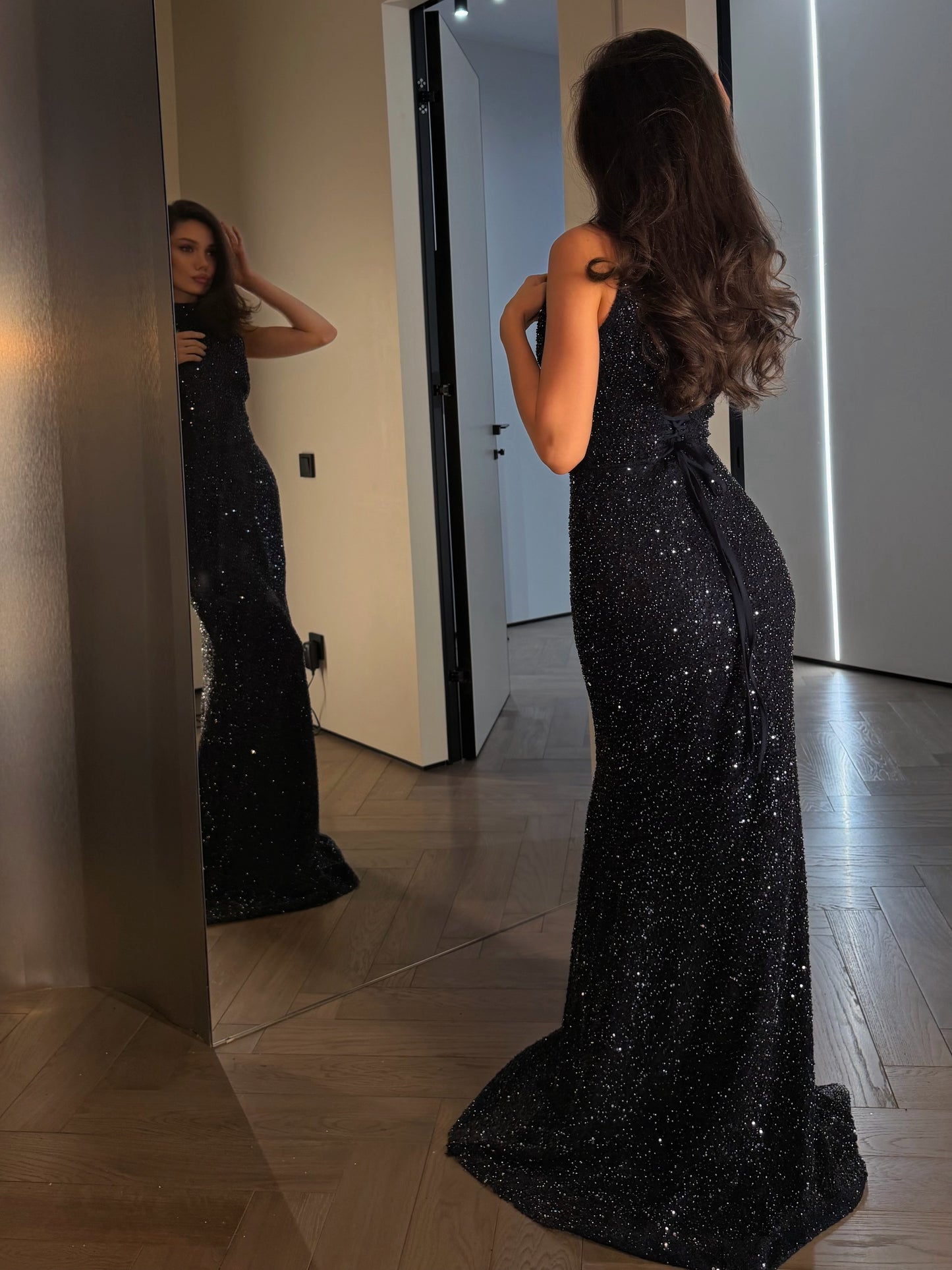 Sequined High Neck Maxi Evening Dress