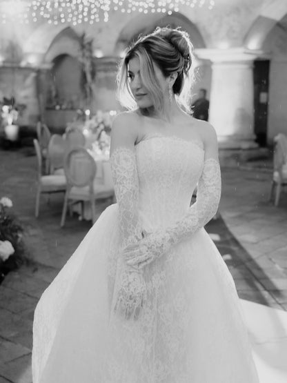 Strapless Lace Ball Gown Wedding Dress with Long Train