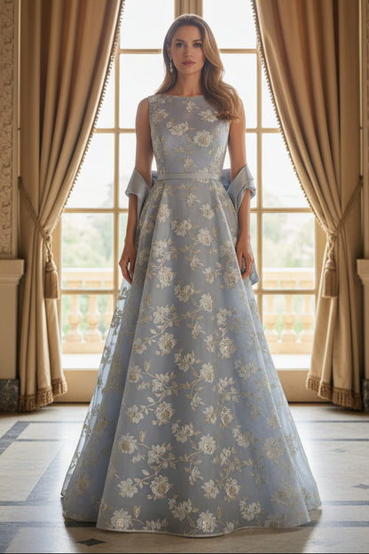 Floral Jacquard A-Line Gown with Bateau Neckline