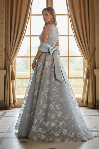 Floral Jacquard A-Line Gown with Bateau Neckline