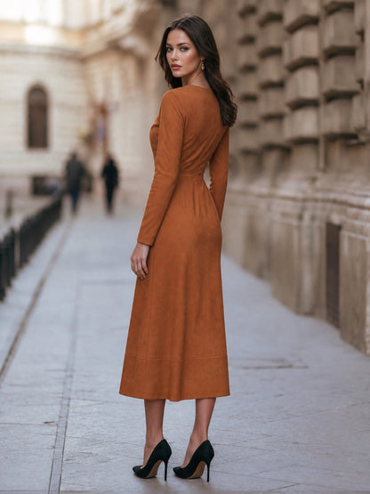 Long Sleeve Pleated Midi Dress with Wrap Detail