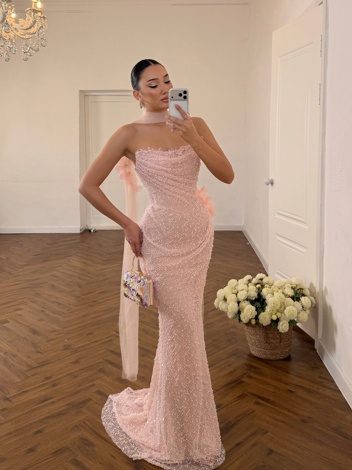 Strapless Beaded Column Evening Gown with Scarf